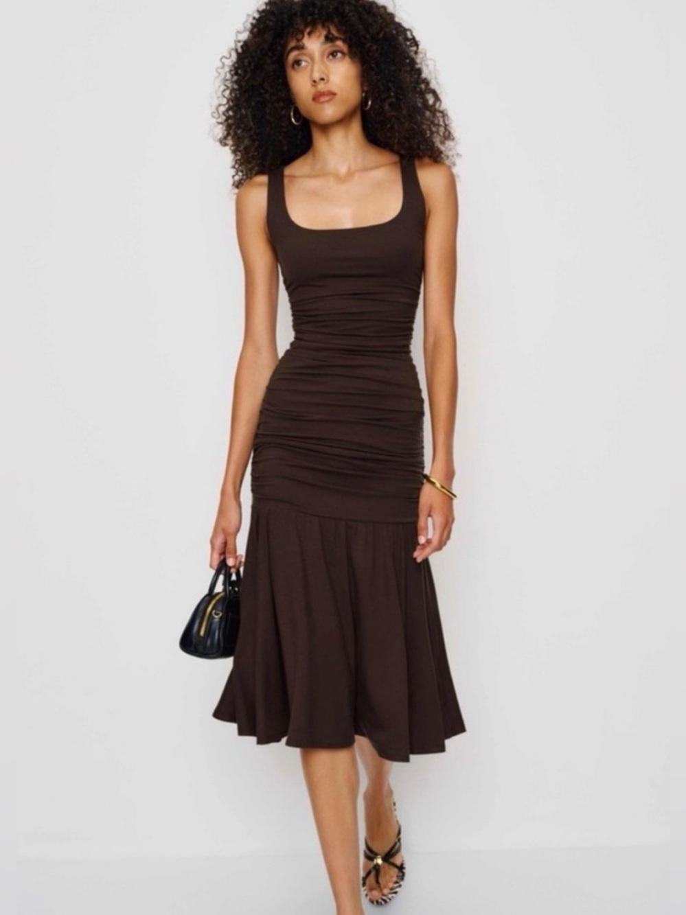 Reformation Chocolate Brown Ruched Tank Midi Dress